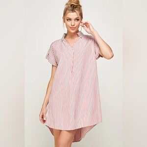 Small Avara Solution Dark Pink and White Loose Striped Shirt Dress